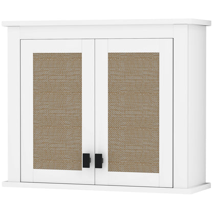 Multi-Purpose Wall-Mounted Bathroom Cabinet Hanging Storage Cabinet with 2 Rattan Doors PE Adjustable Shelf 60x19.5x49.4 cm White