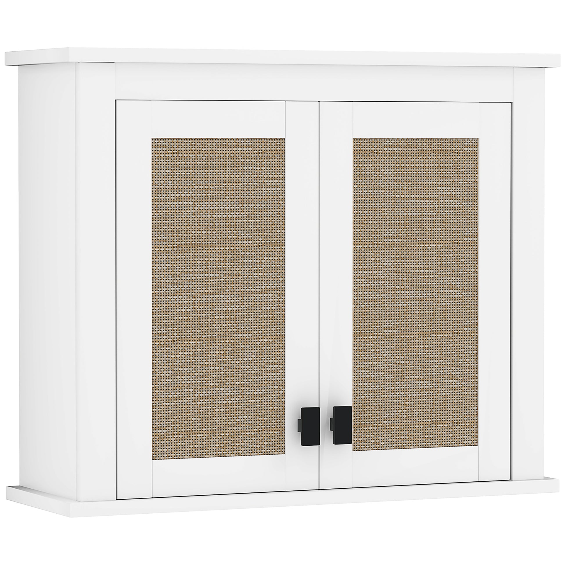 Multi-Purpose Wall-Mounted Bathroom Cabinet Hanging Storage Cabinet with 2 Rattan Doors PE Adjustable Shelf 60x19.5x49.4 cm White