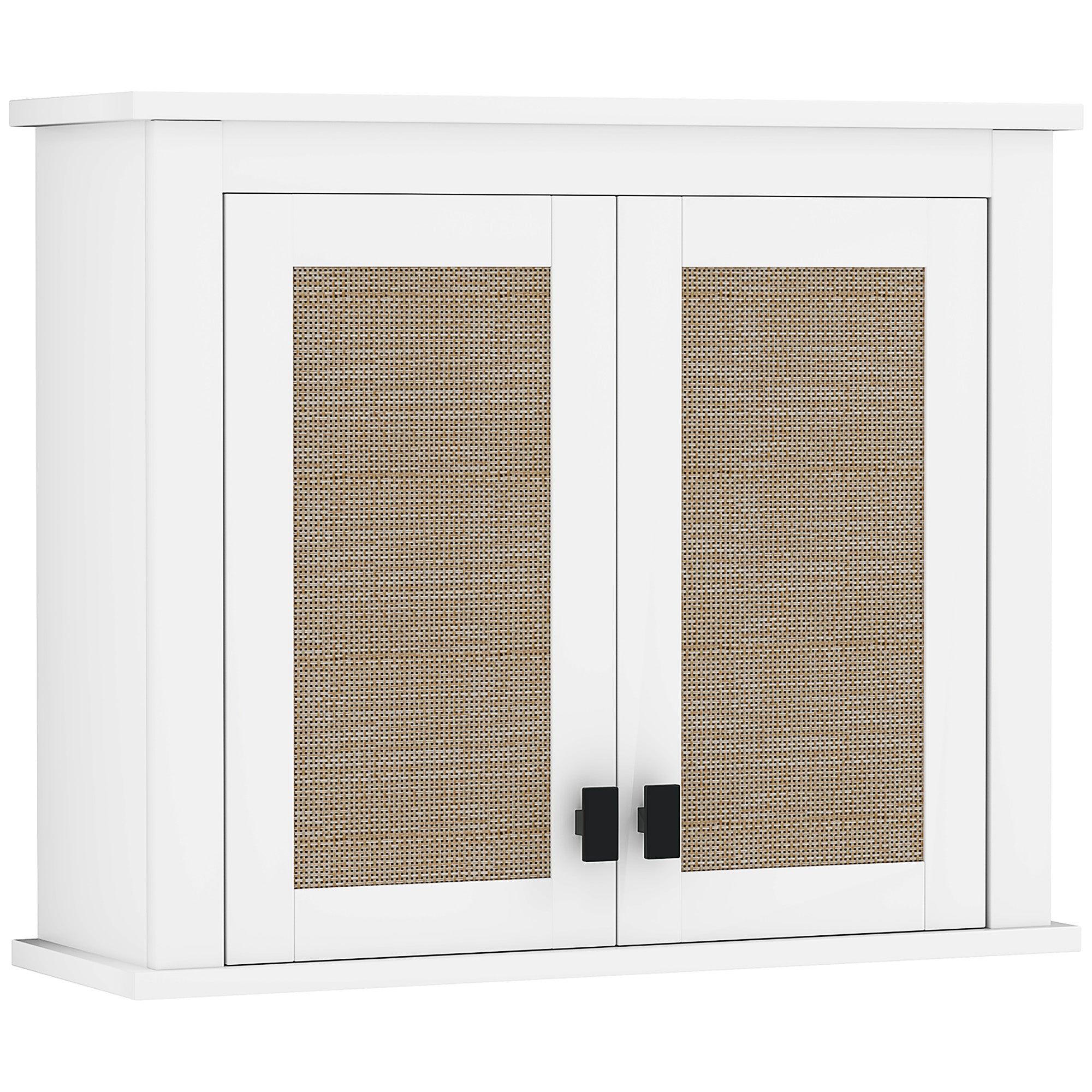 Multi-Purpose Wall-Mounted Bathroom Cabinet Hanging Storage Cabinet with 2 Rattan Doors PE Adjustable Shelf 60x19.5x49.4 cm White