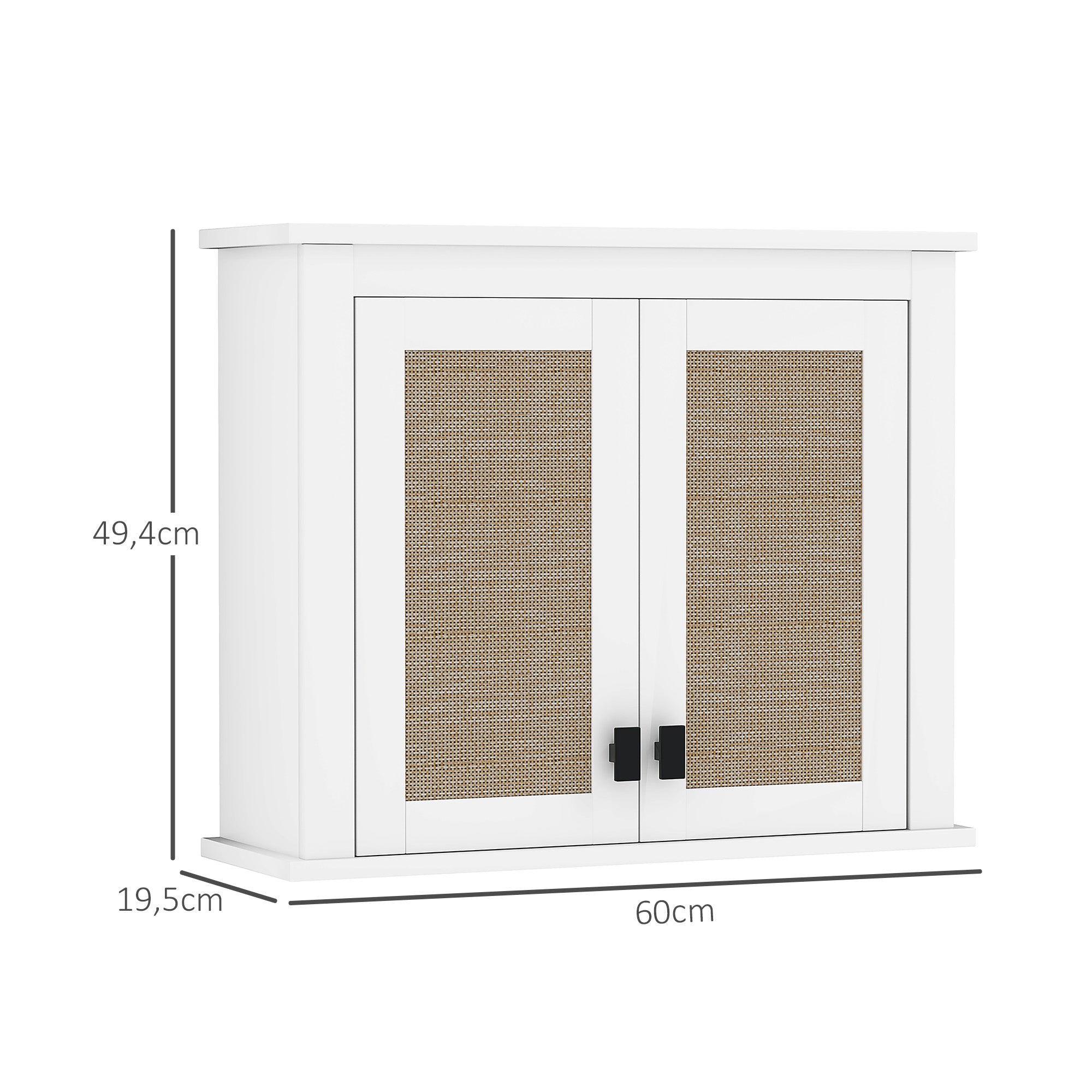 Multi-Purpose Wall-Mounted Bathroom Cabinet Hanging Storage Cabinet with 2 Rattan Doors PE Adjustable Shelf 60x19.5x49.4 cm White