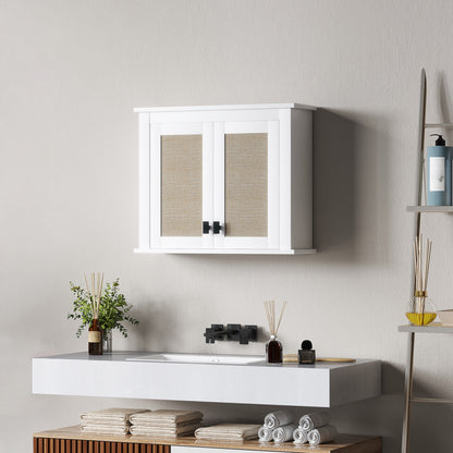 Multi-Purpose Wall-Mounted Bathroom Cabinet Hanging Storage Cabinet with 2 Rattan Doors PE Adjustable Shelf 60x19.5x49.4 cm White