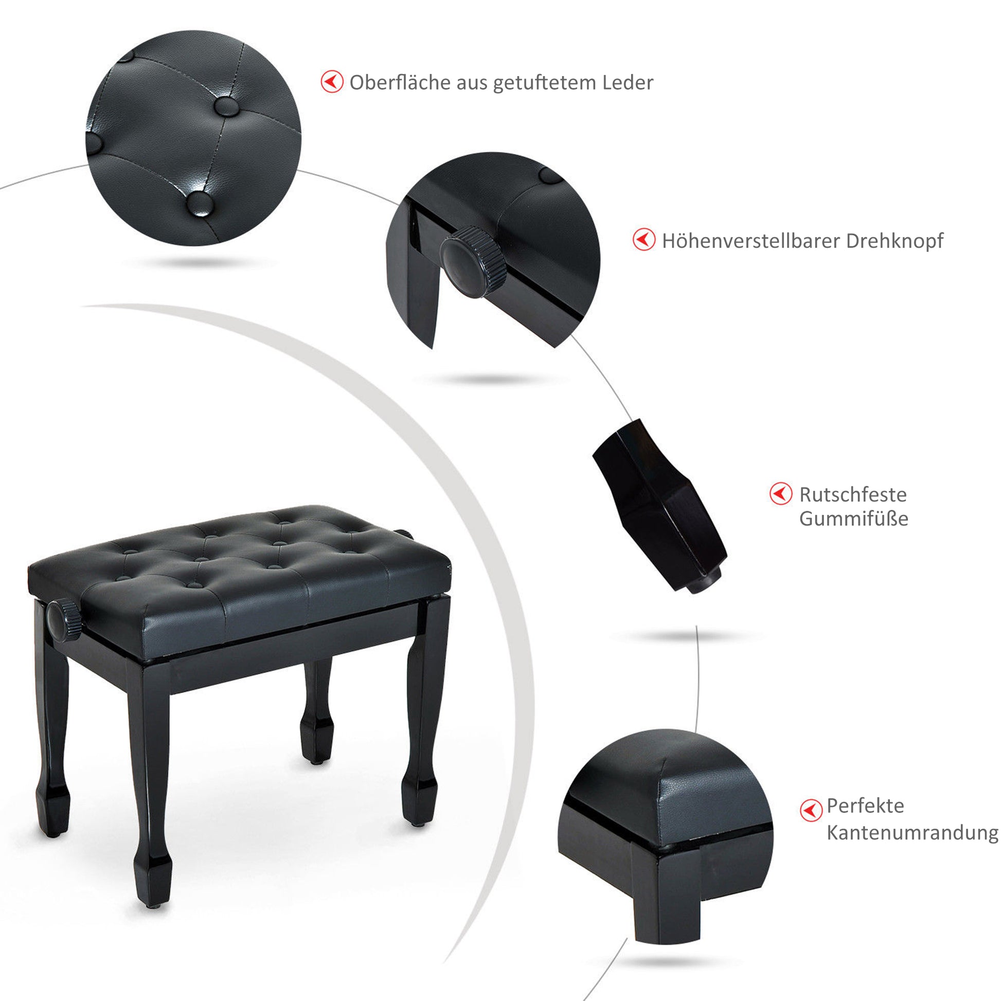 Piano Stool Piano Bench Vanity Stool Adjustable Height Stool for Music Instruments Solid Wood Faux Leather Black 64 x 35 x 45-55 cm