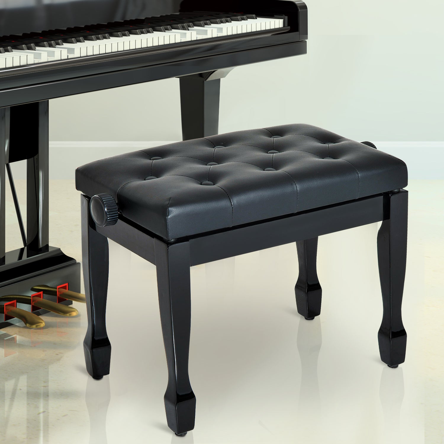Piano Stool Piano Bench Vanity Stool Adjustable Height Stool for Music Instruments Solid Wood Faux Leather Black 64 x 35 x 45-55 cm