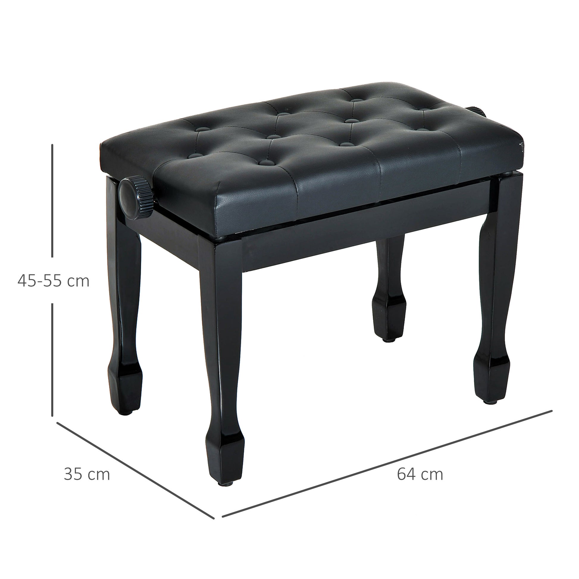 Piano Stool Piano Bench Vanity Stool Adjustable Height Stool for Music Instruments Solid Wood Faux Leather Black 64 x 35 x 45-55 cm