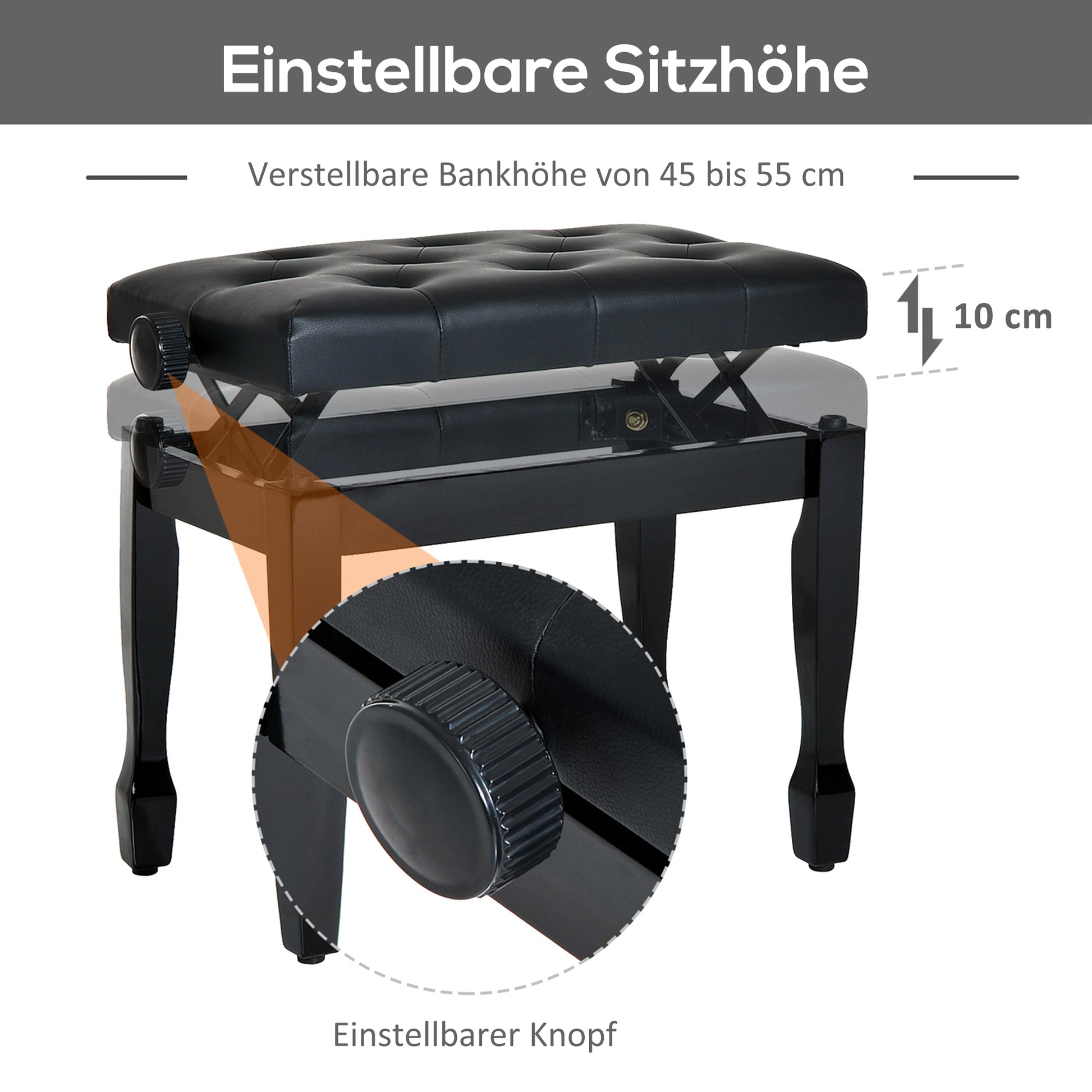 Piano Stool Piano Bench Vanity Stool Adjustable Height Stool for Music Instruments Solid Wood Faux Leather Black 64 x 35 x 45-55 cm