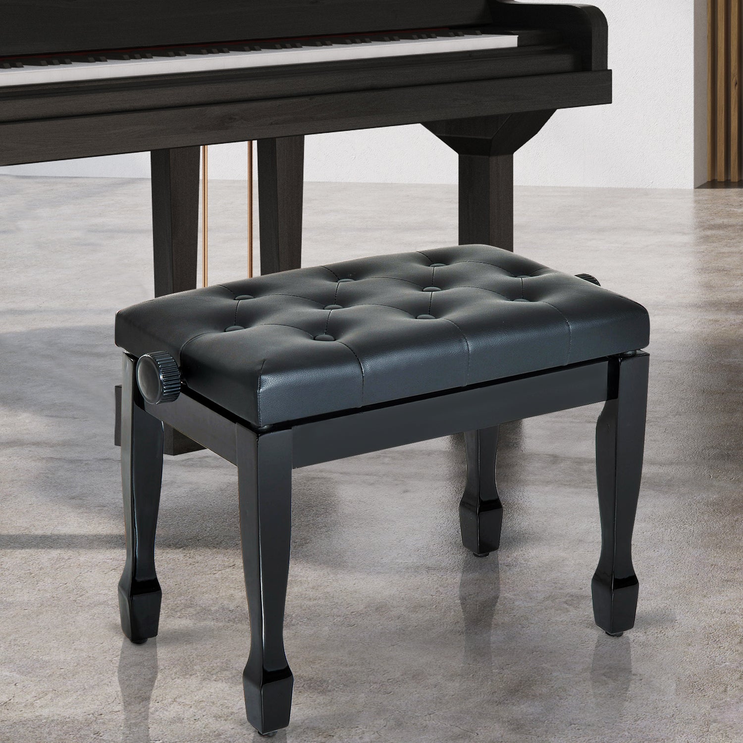 Piano Stool Piano Bench Vanity Stool Adjustable Height Stool for Music Instruments Solid Wood Faux Leather Black 64 x 35 x 45-55 cm