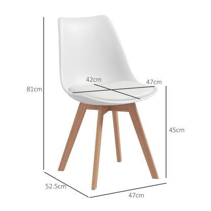Set of 4 Scandinavian Style Dining Chairs, Kitchen Chairs in Plastic with Wood Legs and Faux Leather Cushion, White