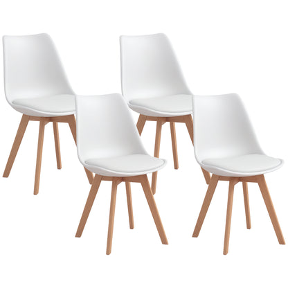 Set of 4 Scandinavian Style Dining Chairs, Kitchen Chairs in Plastic with Wood Legs and Faux Leather Cushion, White