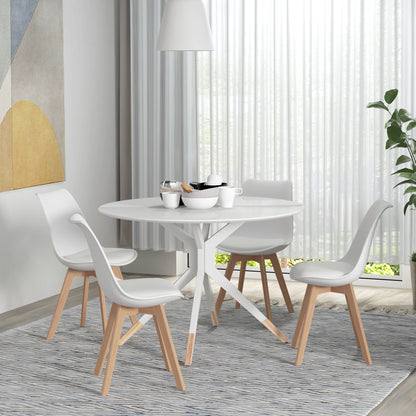 Set of 4 Scandinavian Style Dining Chairs, Kitchen Chairs in Plastic with Wood Legs and Faux Leather Cushion, White