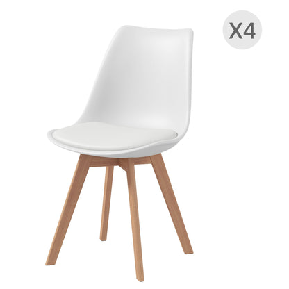 Set of 4 Scandinavian Style Dining Chairs, Kitchen Chairs in Plastic with Wood Legs and Faux Leather Cushion, White