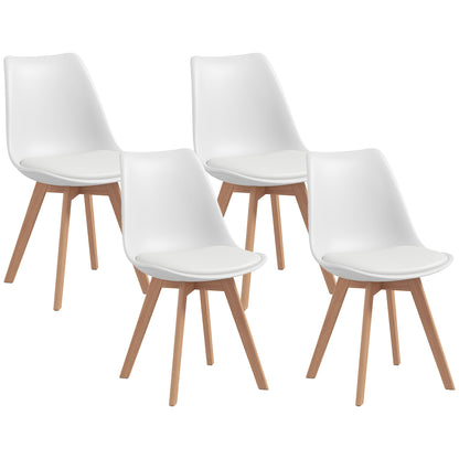 Set of 4 Scandinavian Style Dining Chairs, Kitchen Chairs in Plastic with Wood Legs and Faux Leather Cushion, White