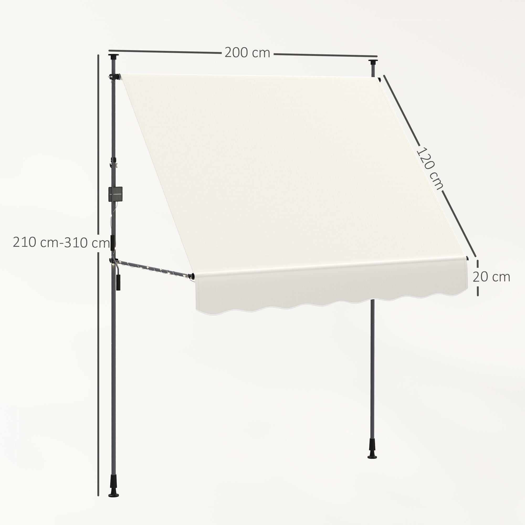 Manual Retractable Awning 2x1.2m Exterior Terrace Roll-up Awning Adjustable Height with Crank 210-310 cm UV30+ Protection No Drill for Garden Balcony Patio Cream