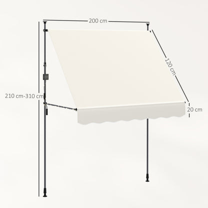 Manual Retractable Awning 2x1.2m Exterior Terrace Roll-up Awning Adjustable Height with Crank 210-310 cm UV30+ Protection No Drill for Garden Balcony Patio Cream