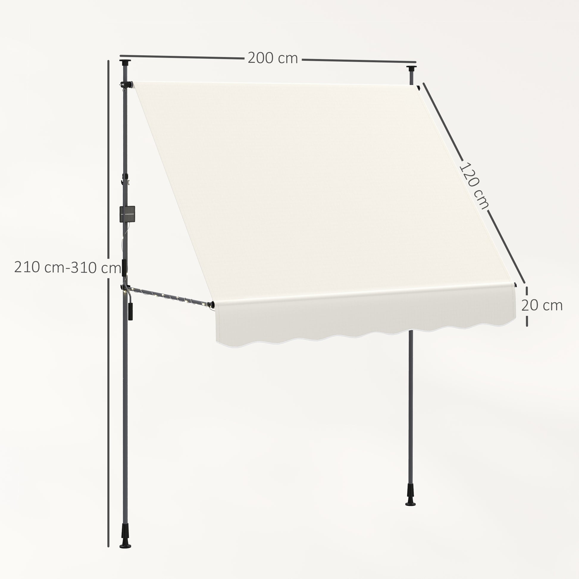Manual Retractable Awning 2x1.2m Exterior Terrace Roll-up Awning Adjustable Height with Crank 210-310 cm UV30+ Protection No Drill for Garden Balcony Patio Cream