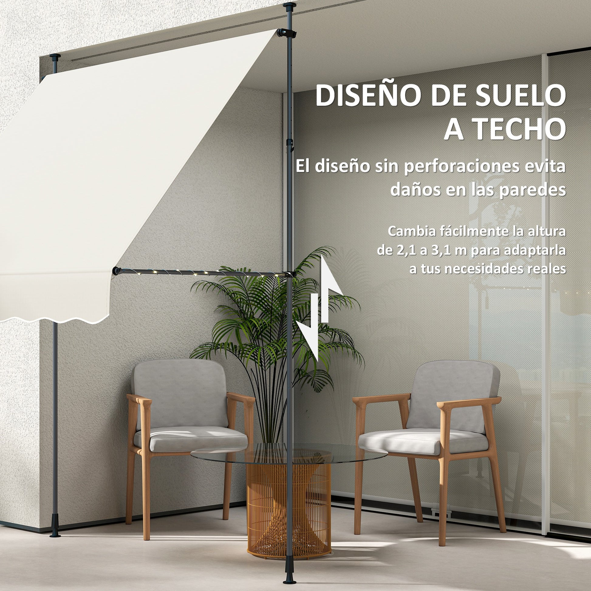 Manual Retractable Awning 2x1.2m Exterior Terrace Roll-up Awning Adjustable Height with Crank 210-310 cm UV30+ Protection No Drill for Garden Balcony Patio Cream