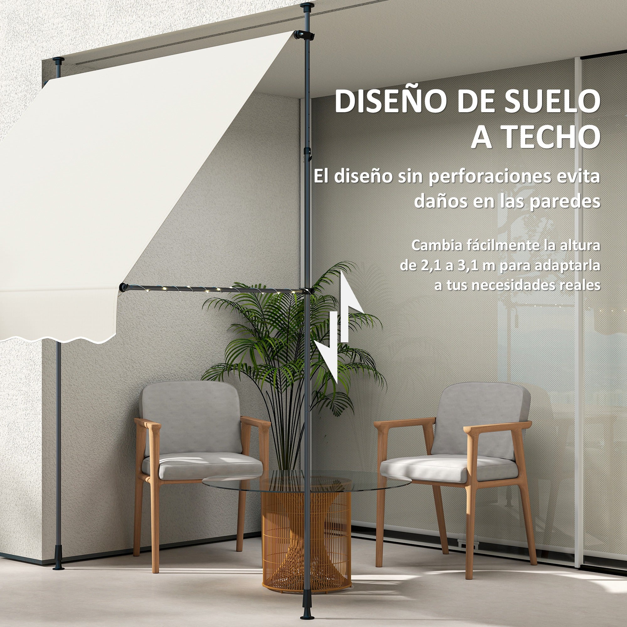 Manual Retractable Awning 2x1.2m Exterior Terrace Roll-up Awning Adjustable Height with Crank 210-310 cm UV30+ Protection No Drill for Garden Balcony Patio Cream