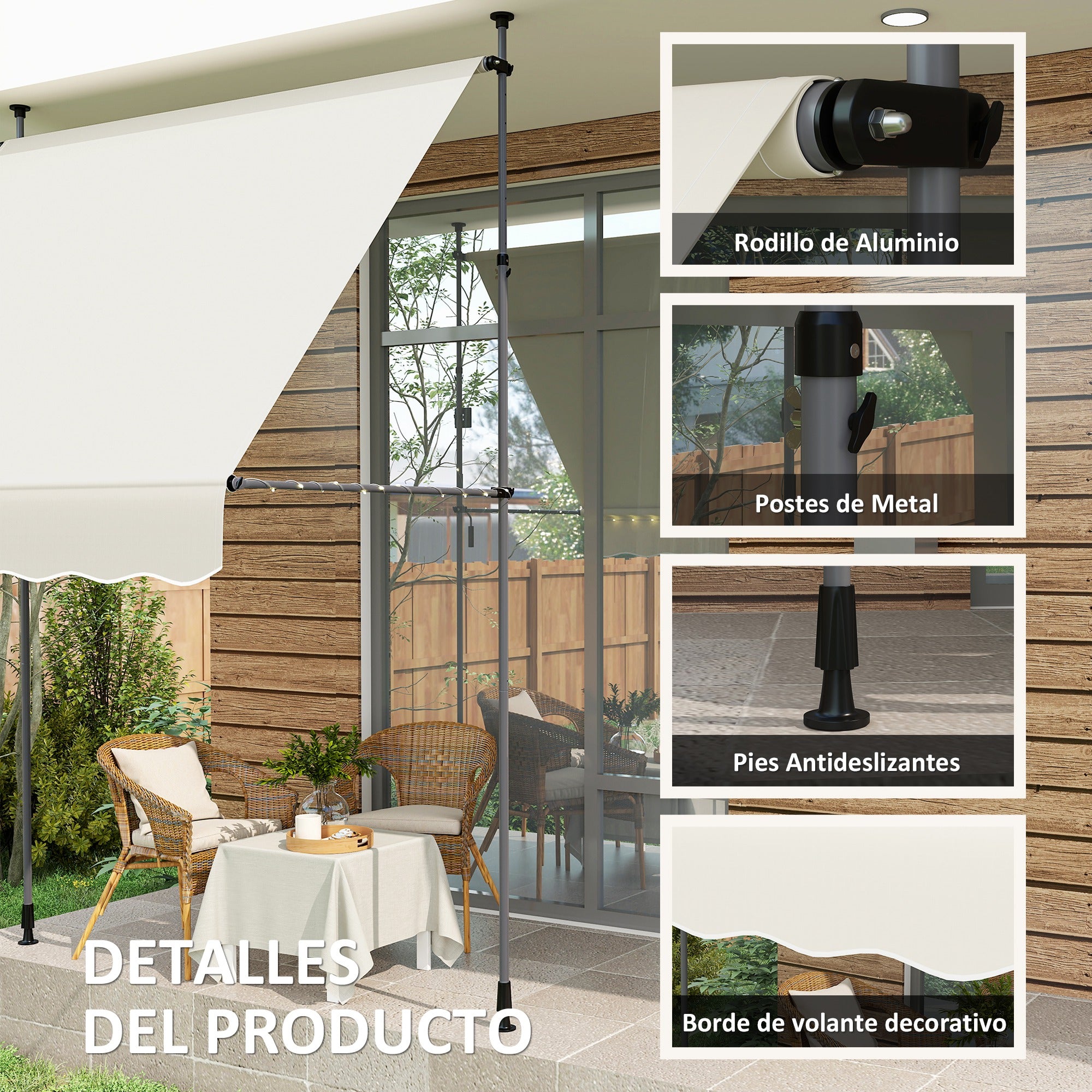 Manual Retractable Awning 2x1.2m Exterior Terrace Roll-up Awning Adjustable Height with Crank 210-310 cm UV30+ Protection No Drill for Garden Balcony Patio Cream