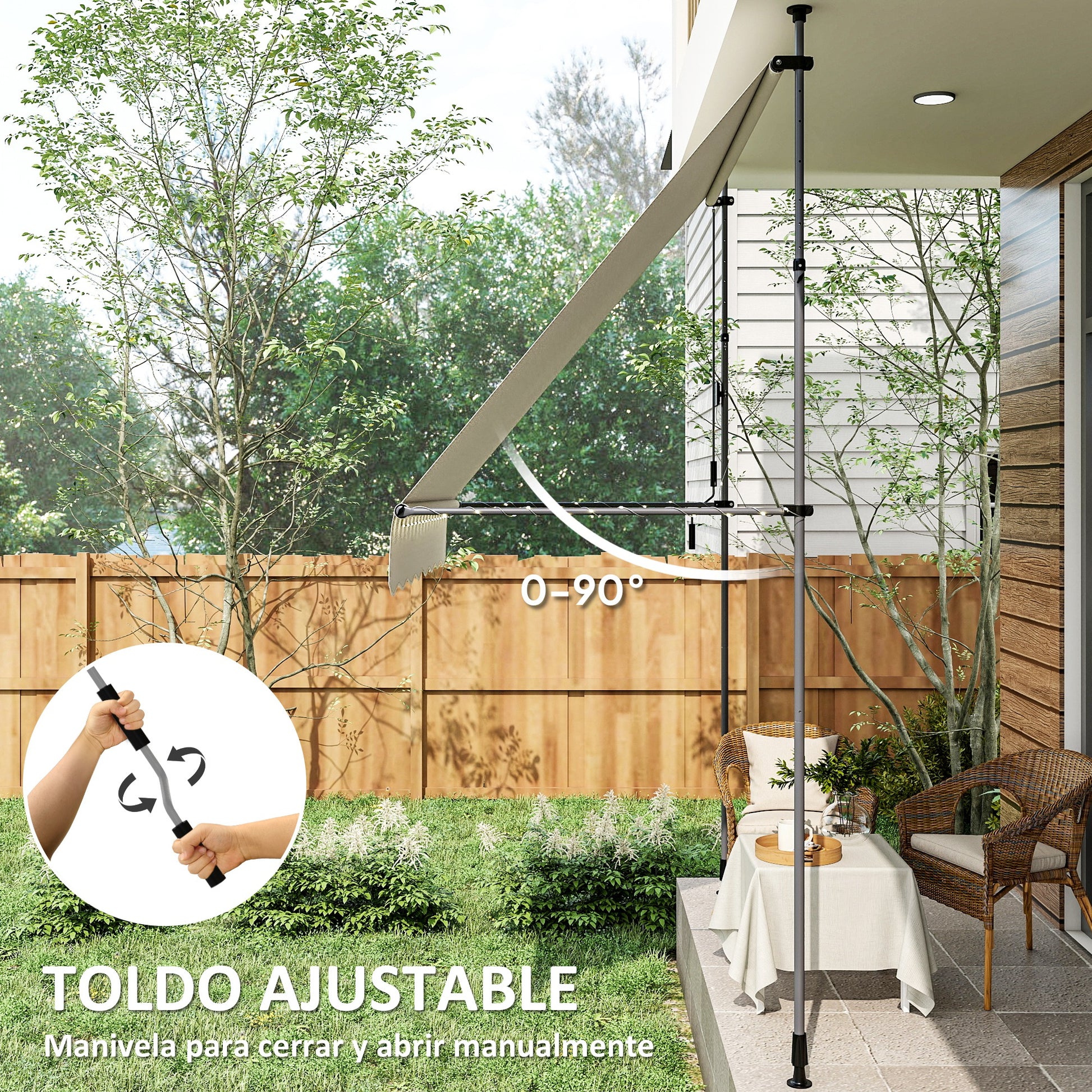 Manual Retractable Awning 2x1.2m Exterior Terrace Roll-up Awning Adjustable Height with Crank 210-310 cm UV30+ Protection No Drill for Garden Balcony Patio Cream