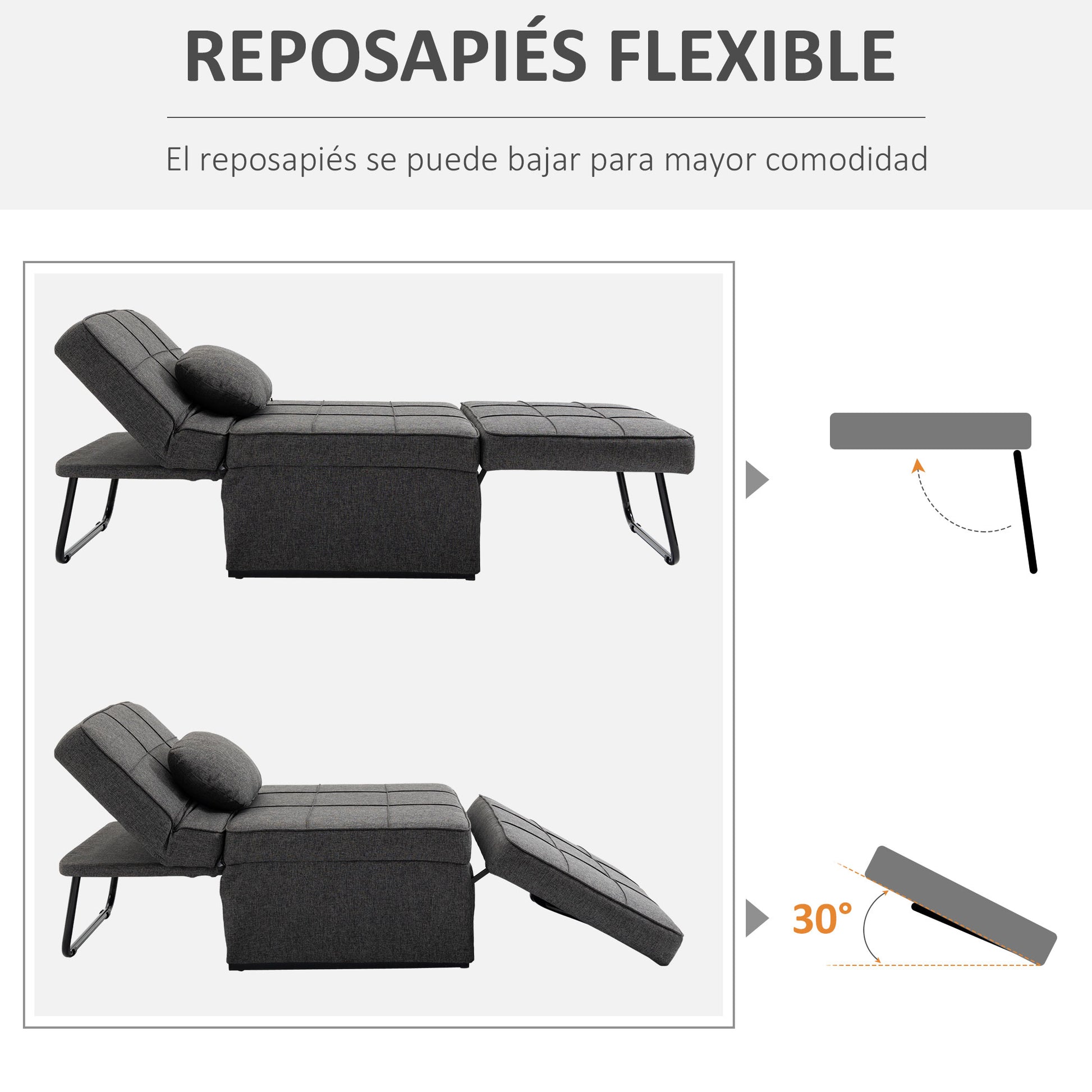 3 in 1 Foldable Sofa Bed Single Sofa Bed Upholstered in Linen Convertible Sofa Bed with 5 Adjustable Backrest Positions Footrest and Headrest Load 200 kg Gray