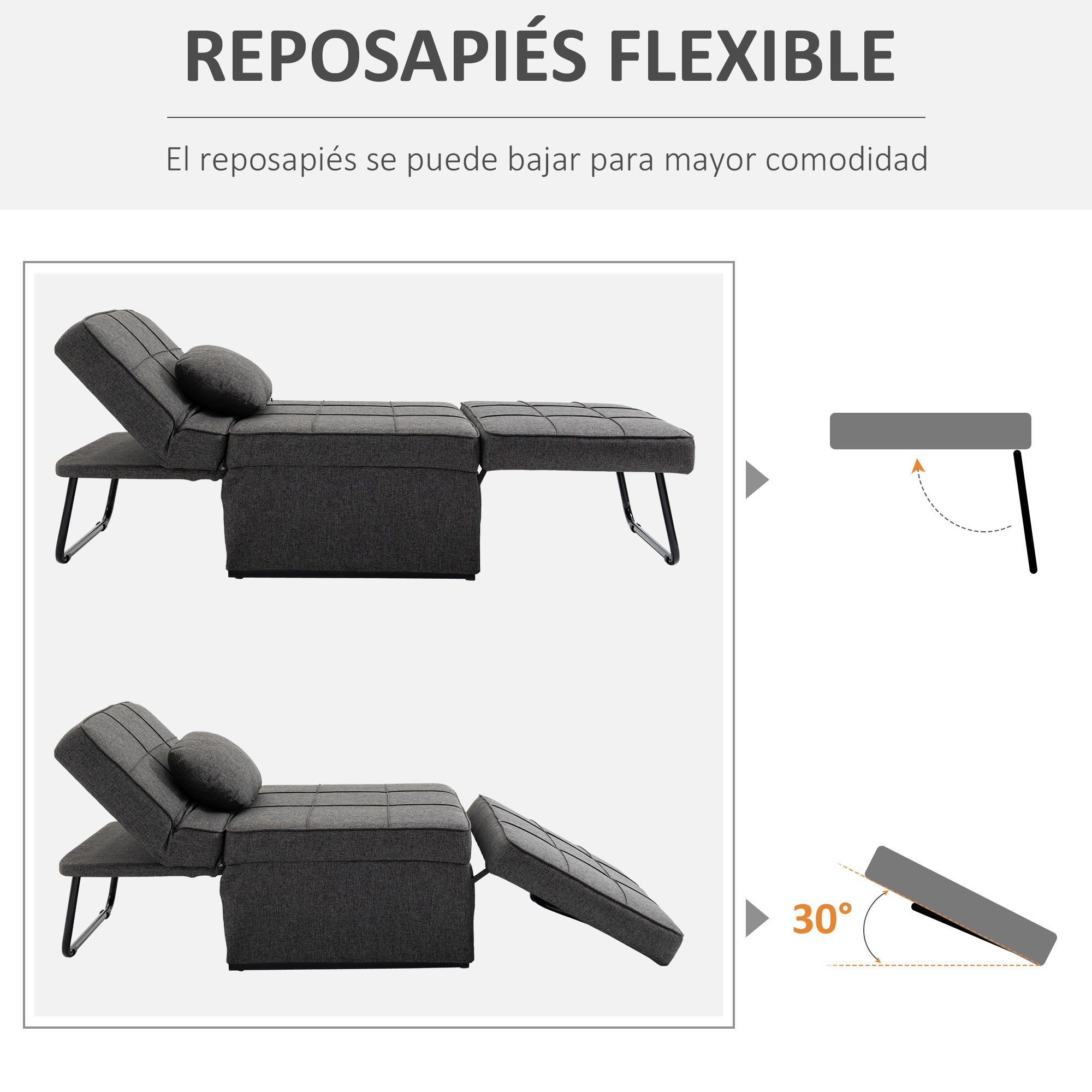 3 in 1 Foldable Sofa Bed Single Sofa Bed Upholstered in Linen Convertible Sofa Bed with 5 Adjustable Backrest Positions Footrest and Headrest Load 200 kg Gray