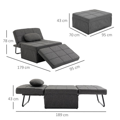 3 in 1 Foldable Sofa Bed Single Sofa Bed Upholstered in Linen Convertible Sofa Bed with 5 Adjustable Backrest Positions Footrest and Headrest Load 200 kg Gray