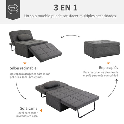 3 in 1 Foldable Sofa Bed Single Sofa Bed Upholstered in Linen Convertible Sofa Bed with 5 Adjustable Backrest Positions Footrest and Headrest Load 200 kg Gray