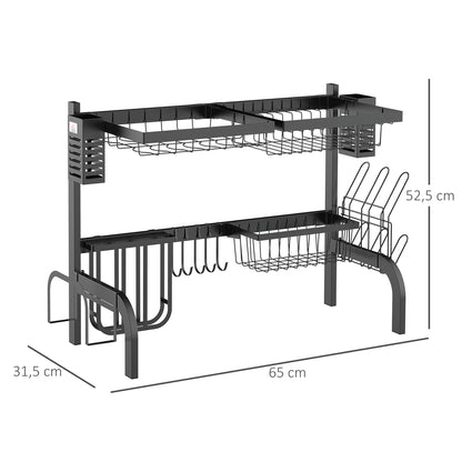 Dish Drying Rack, 2-Tier Dish Drying Stand with Hooks, Plate Rack, Accessories, 81.5 cm Dish Drainer Rack for Kitchen Sink, Steel, Black