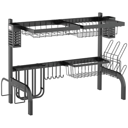 Dish Drying Rack, 2-Tier Dish Drying Stand with Hooks, Plate Rack, Accessories, 81.5 cm Dish Drainer Rack for Kitchen Sink, Steel, Black