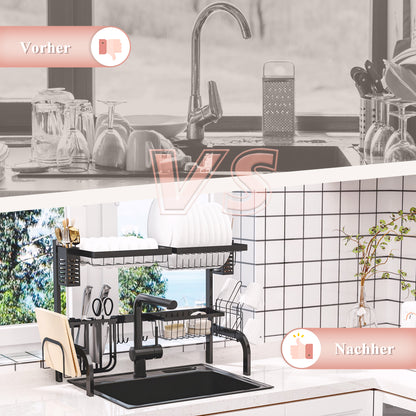 Dish Drying Rack, 2-Tier Dish Drying Stand with Hooks, Plate Rack, Accessories, 81.5 cm Dish Drainer Rack for Kitchen Sink, Steel, Black