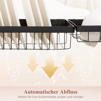 Dish Drying Rack, 2-Tier Dish Drying Stand with Hooks, Plate Rack, Accessories, 81.5 cm Dish Drainer Rack for Kitchen Sink, Steel, Black