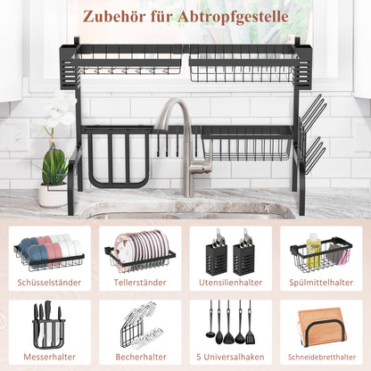 Dish Drying Rack, 2-Tier Dish Drying Stand with Hooks, Plate Rack, Accessories, 81.5 cm Dish Drainer Rack for Kitchen Sink, Steel, Black