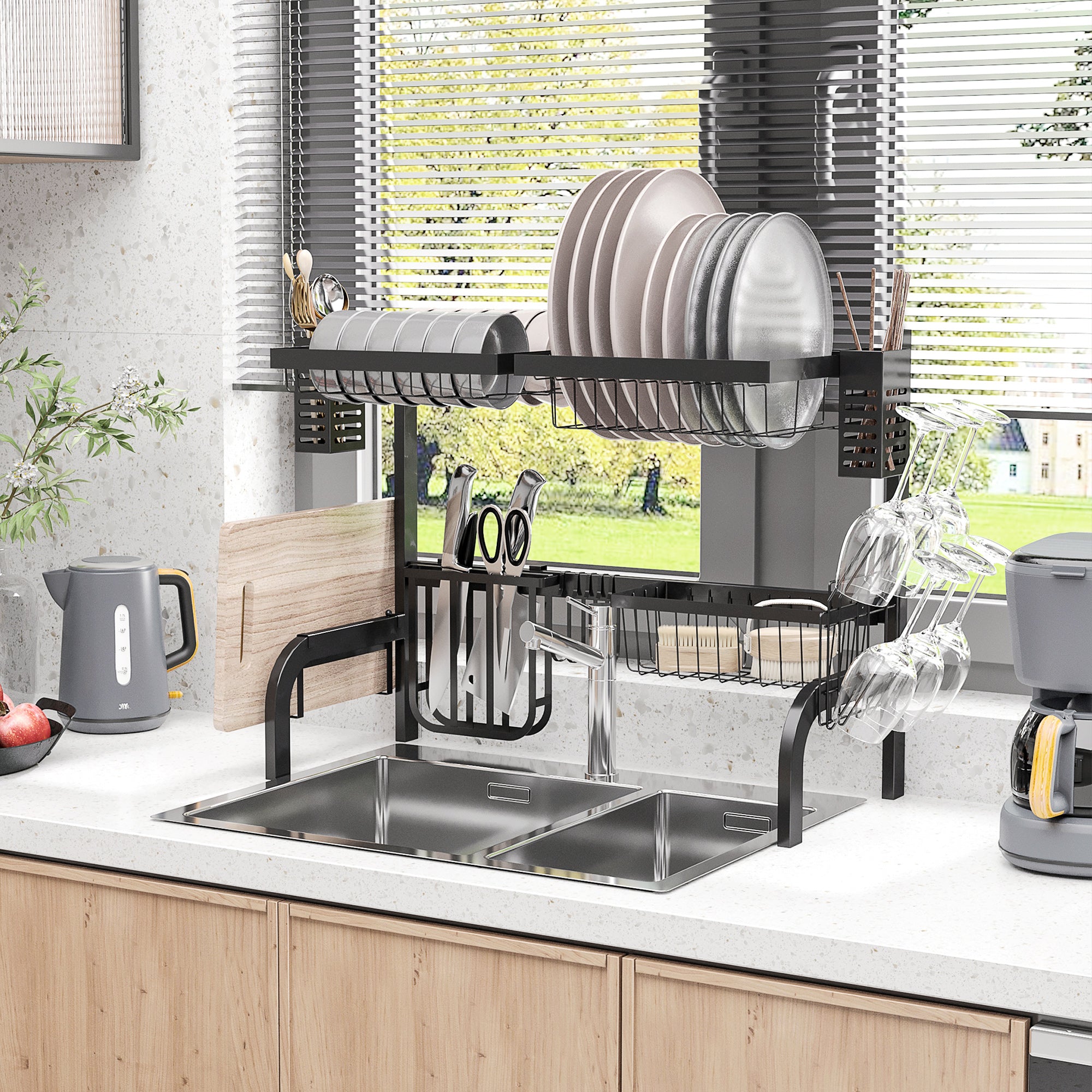 Dish Drying Rack, 2-Tier Dish Drying Stand with Hooks, Plate Rack, Accessories, 81.5 cm Dish Drainer Rack for Kitchen Sink, Steel, Black