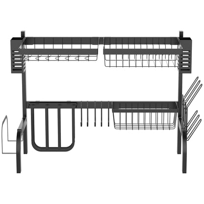 Dish Drying Rack, 2-Tier Dish Drying Stand with Hooks, Plate Rack, Accessories, 81.5 cm Dish Drainer Rack for Kitchen Sink, Steel, Black
