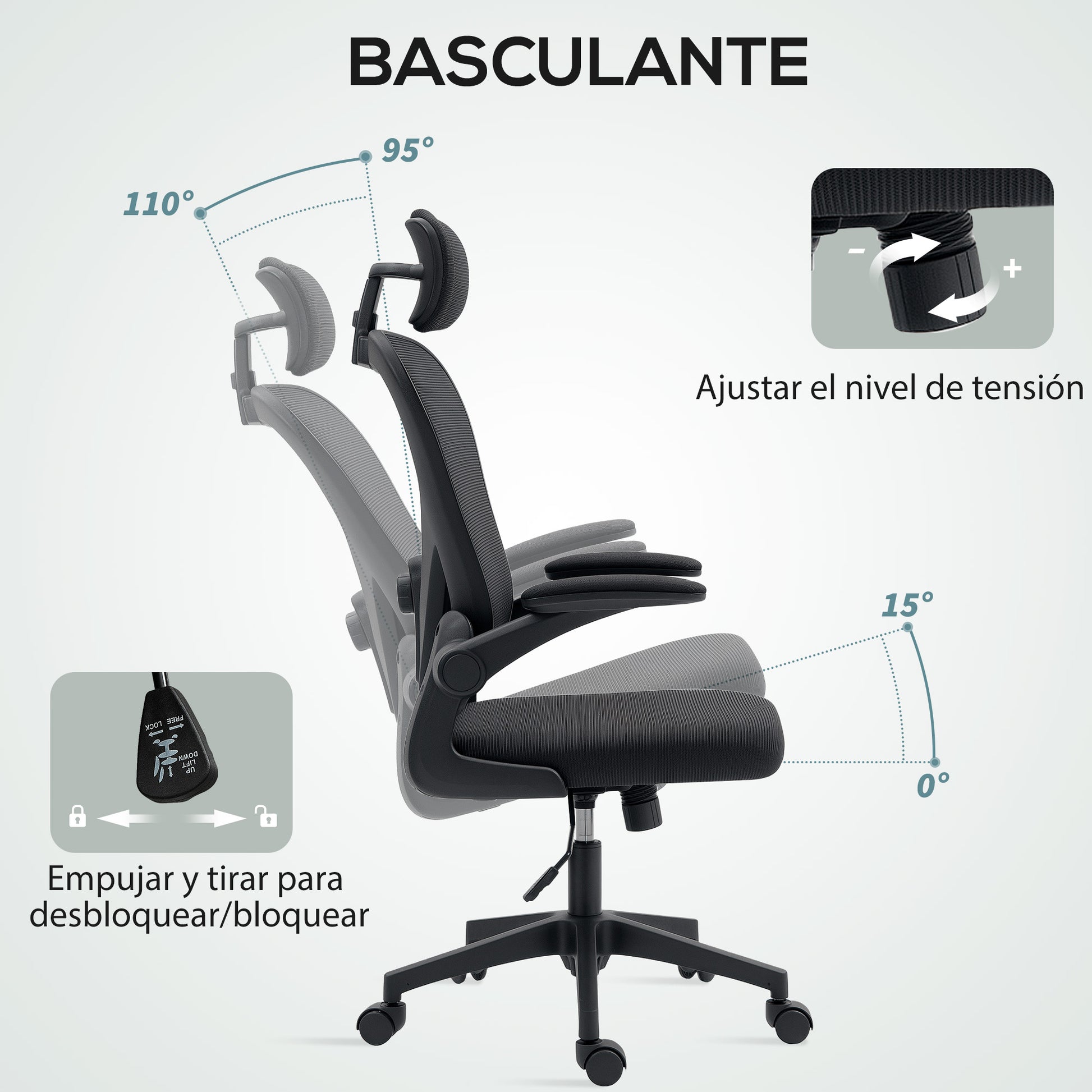 Swivel Office Chair Breathable Mesh Desk Chair with Adjustable Height Adjustable Headrest and Lumbar Support Reclining Office Chair Load 120 kg Black