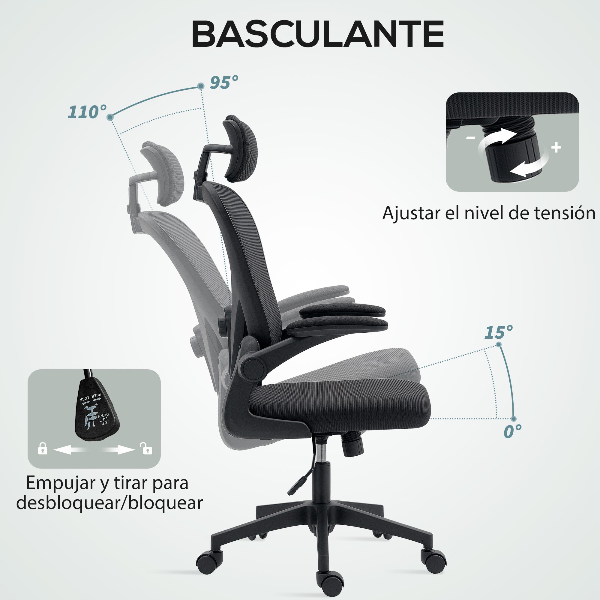 Swivel Office Chair Breathable Mesh Desk Chair with Adjustable Height Adjustable Headrest and Lumbar Support Reclining Office Chair Load 120 kg Black