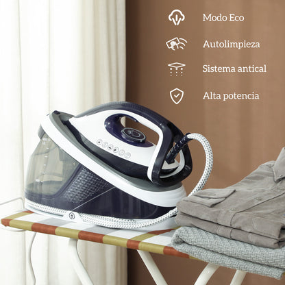 2600W Steam Ironing Station 100 g/min 8 Bars ECO Function Ceramic Soleplate Powerful Vertical Ironing Automatic Shut-Off Anti-Calc Self-Cleaning Removable Tank 1.5 L Blue