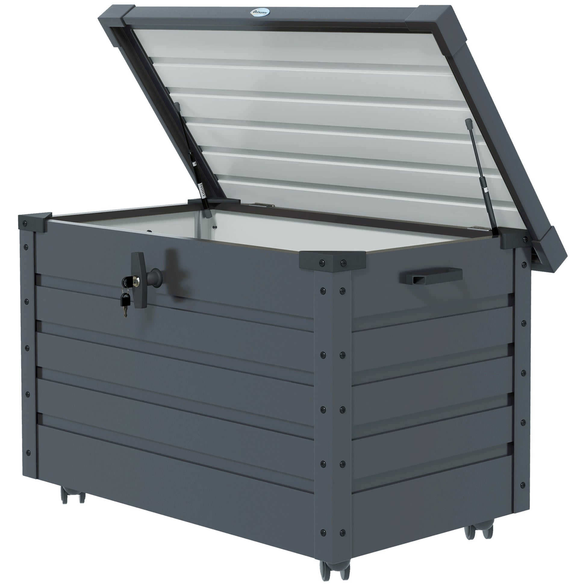 295L Garden Storage Box with Lock, 2 Handles, and 4 Wheels, Galvanized Steel Storage Unit, 100x62x65 cm, Dark Gray