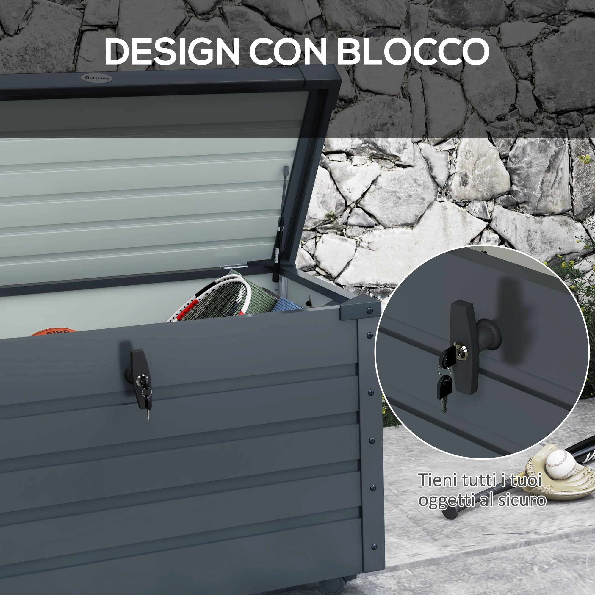 295L Garden Storage Box with Lock, 2 Handles, and 4 Wheels, Galvanized Steel Storage Unit, 100x62x65 cm, Dark Gray