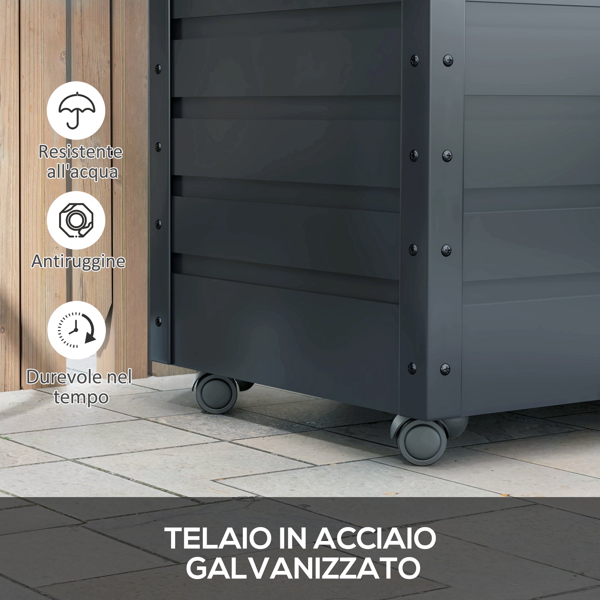 295L Garden Storage Box with Lock, 2 Handles, and 4 Wheels, Galvanized Steel Storage Unit, 100x62x65 cm, Dark Gray