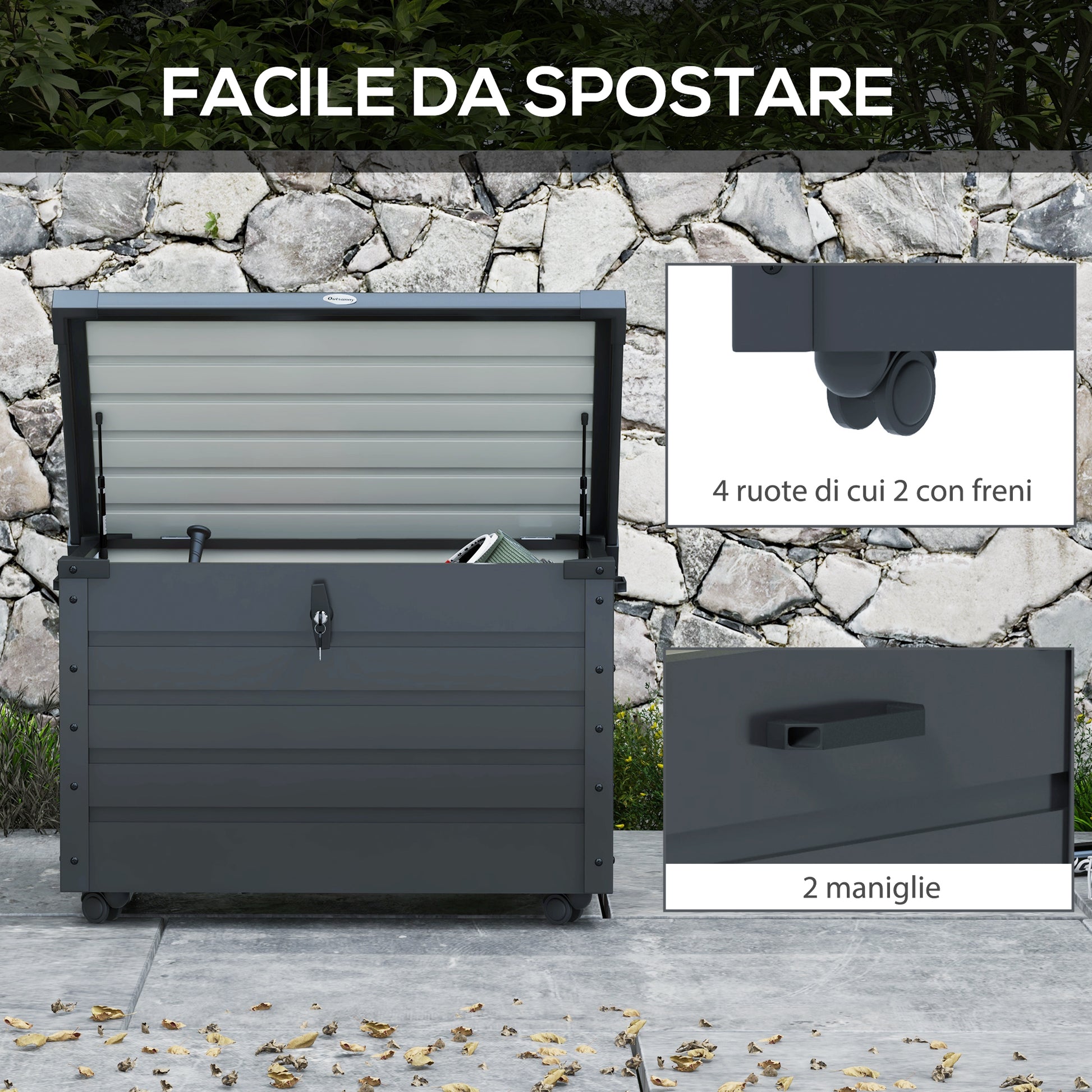 295L Garden Storage Box with Lock, 2 Handles, and 4 Wheels, Galvanized Steel Storage Unit, 100x62x65 cm, Dark Gray