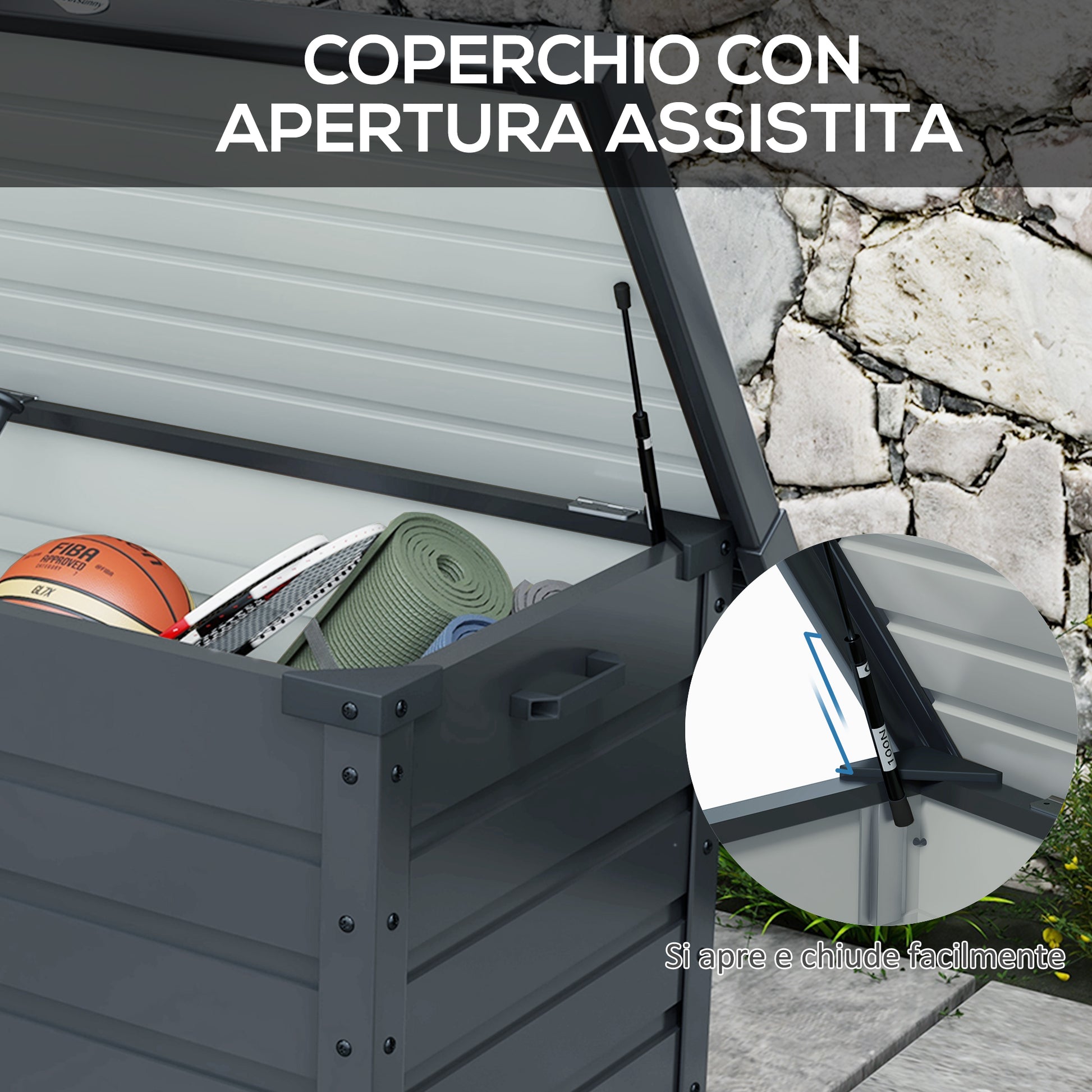 295L Garden Storage Box with Lock, 2 Handles, and 4 Wheels, Galvanized Steel Storage Unit, 100x62x65 cm, Dark Gray