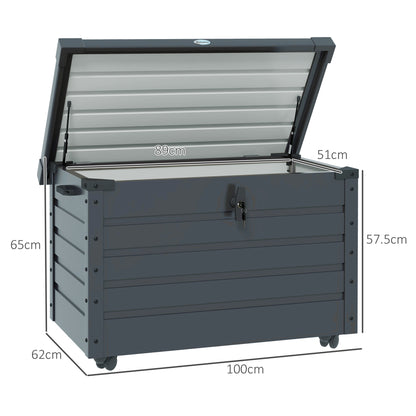 295L Garden Storage Box with Lock, 2 Handles, and 4 Wheels, Galvanized Steel Storage Unit, 100x62x65 cm, Dark Gray