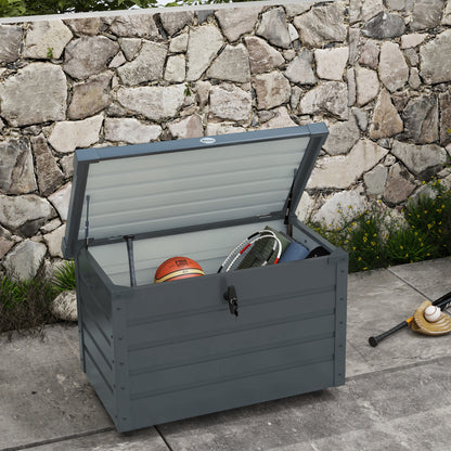 295L Garden Storage Box with Lock, 2 Handles, and 4 Wheels, Galvanized Steel Storage Unit, 100x62x65 cm, Dark Gray