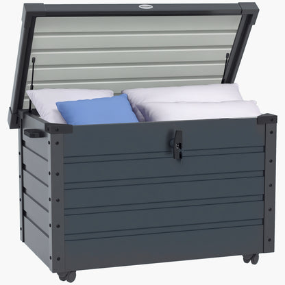 295L Garden Storage Box with Lock, 2 Handles, and 4 Wheels, Galvanized Steel Storage Unit, 100x62x65 cm, Dark Gray
