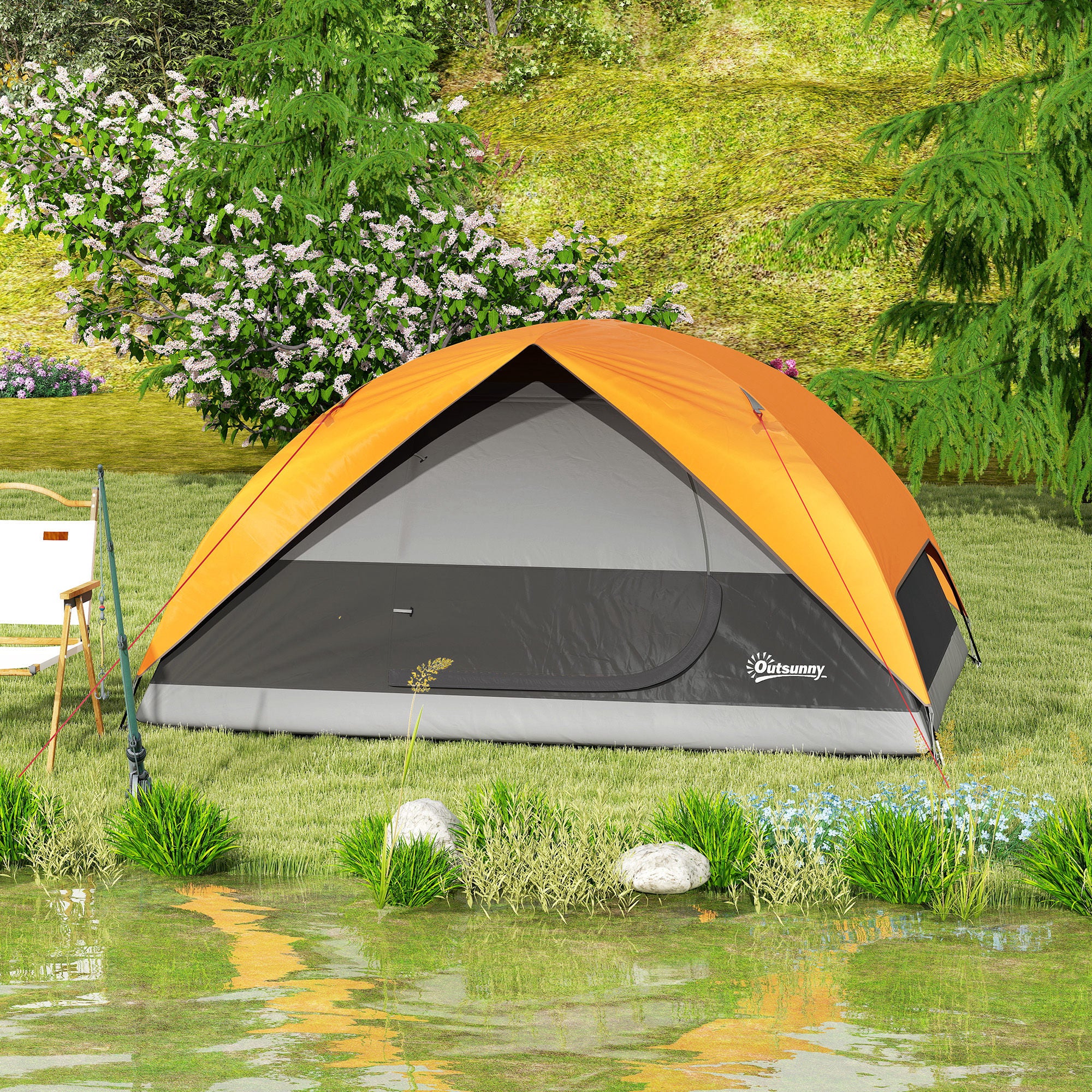 2-4 Person Camping Tent Foldable Camping Tent with Mesh Door Window Pockets Hook and Waterproof Carrying Bag Easy Installation for Hiking Orange and Gray