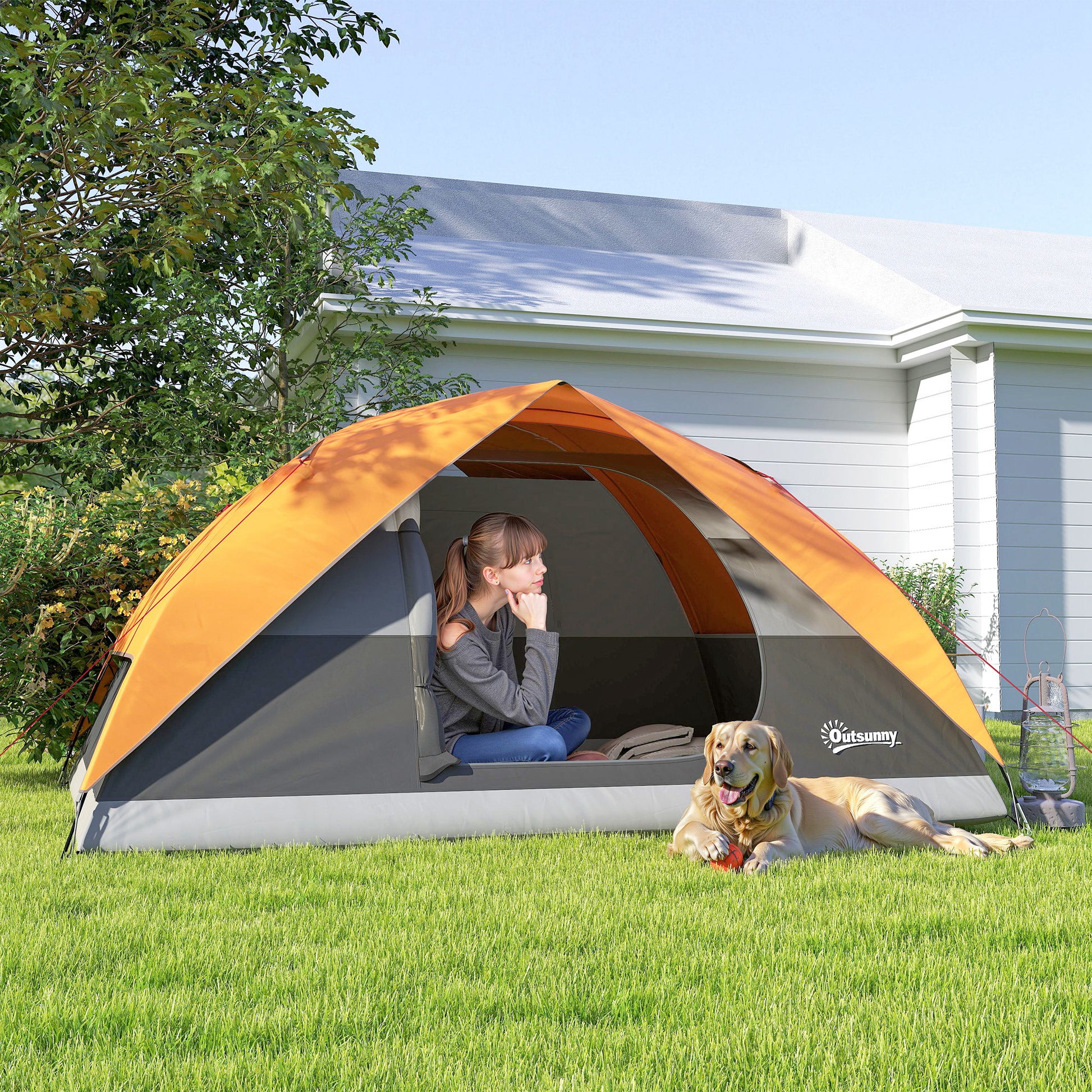 2-4 Person Camping Tent Foldable Camping Tent with Mesh Door Window Pockets Hook and Waterproof Carrying Bag Easy Installation for Hiking Orange and Gray