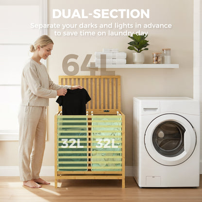 Bamboo Laundry Hamper with Lid, 64 L Double Laundry Bin with 2 Removable Washable Bags, Foldable Laundry Sorter for Bathroom & Bedroom, Natural & Cream White