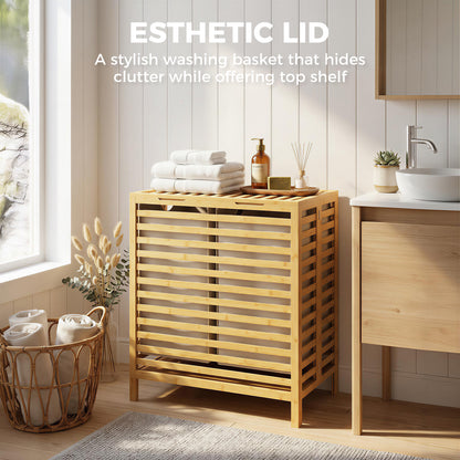 Bamboo Laundry Hamper with Lid, 64 L Double Laundry Bin with 2 Removable Washable Bags, Foldable Laundry Sorter for Bathroom & Bedroom, Natural & Cream White