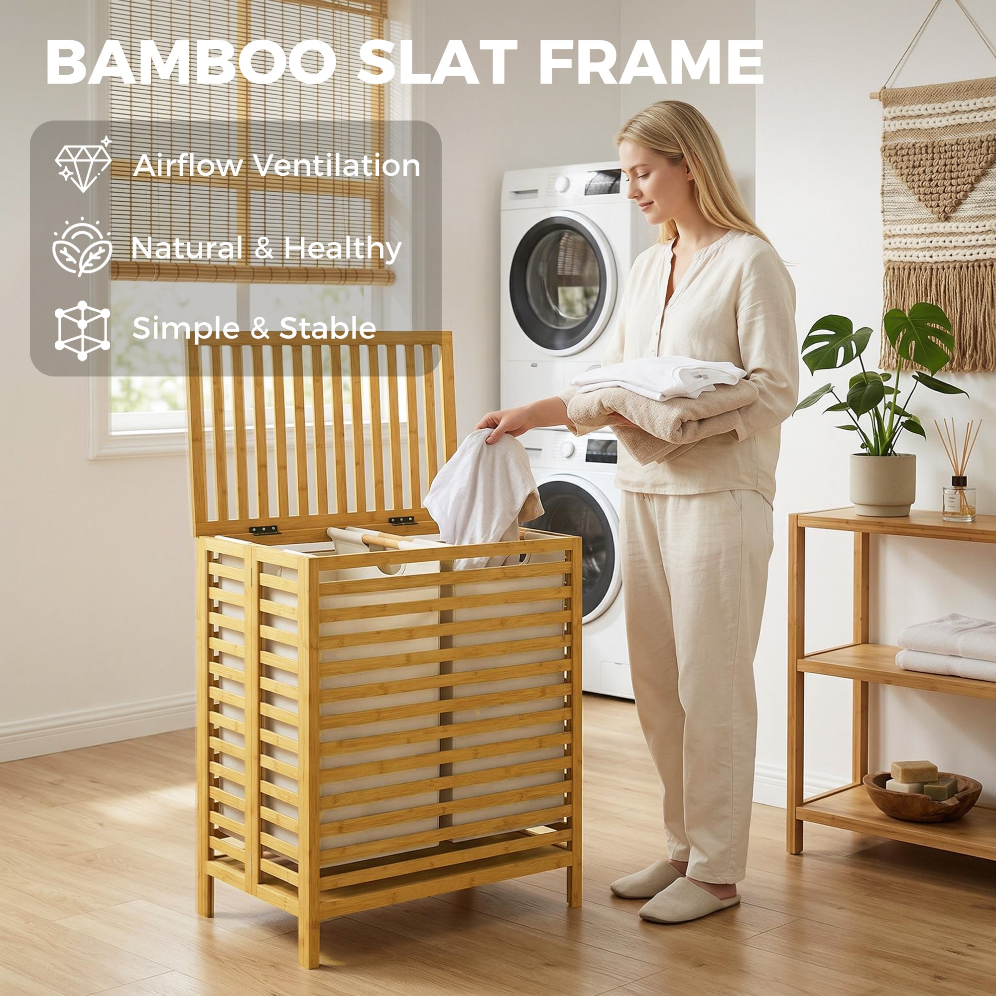 Bamboo Laundry Hamper with Lid, 64 L Double Laundry Bin with 2 Removable Washable Bags, Foldable Laundry Sorter for Bathroom & Bedroom, Natural & Cream White