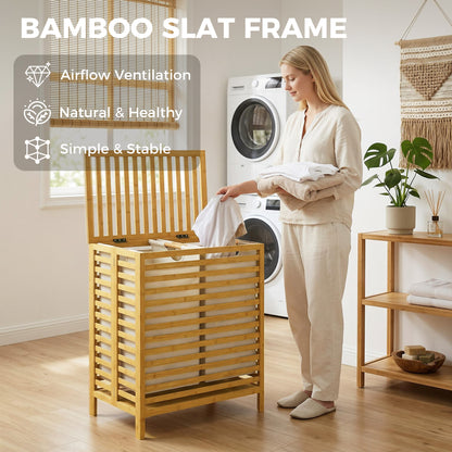 Bamboo Laundry Hamper with Lid, 64 L Double Laundry Bin with 2 Removable Washable Bags, Foldable Laundry Sorter for Bathroom & Bedroom, Natural & Cream White